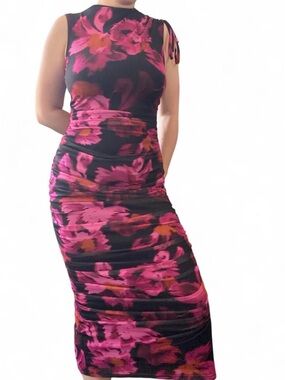 PrettyGarden Sleeveless Mesh Midi Dress in Pink, Black, Orange Floral Pattern